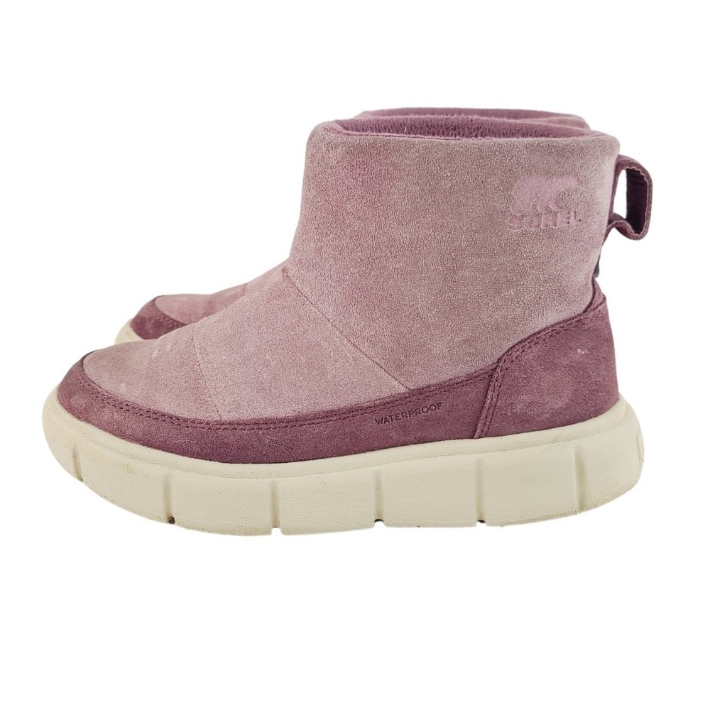 Sorel Slip-On Round Toe Faux Fur Suede Cozy Waterproof Boots Girl, Size 1 Purple
